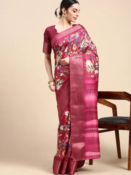 Wine Color Dola Silk Saree With Print and Zari Weaving Border With Blouse