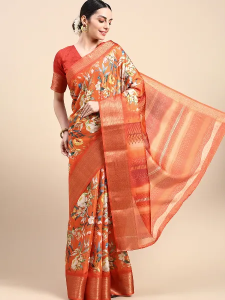 Orange Color Dola Silk Saree With Print and Zari Weaving Border With Blouse