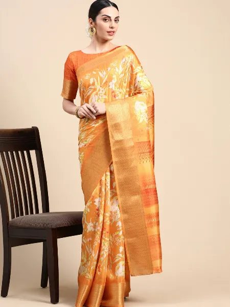 Mustard Color Dola Silk Saree With Print and Zari Weaving Border With Blouse