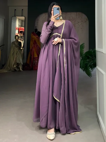 Lavender Color Georgette Gown With Alia Cut Neck Sequence Lace Dupatta