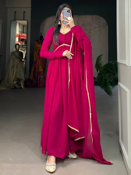 Pink Color Georgette Gown With Alia Cut Neck Sequence Lace Dupatta