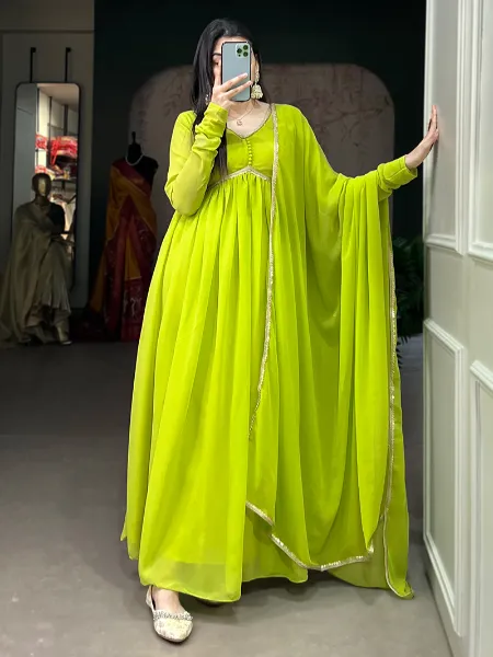 Parrot Color Georgette Gown With Alia Cut Neck Sequence Lace Dupatta