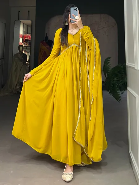 Yellow Color Georgette Gown With Alia Cut Neck Sequence Lace Dupatta