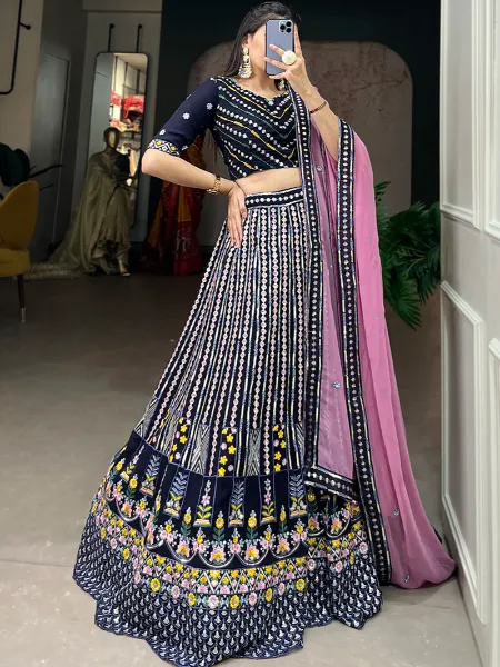 Off-White & Navy Blue Georgette Crepe Embroidered Lehenga Set Design by  Suruchi Parakh at Pernia's Pop Up Shop 2024