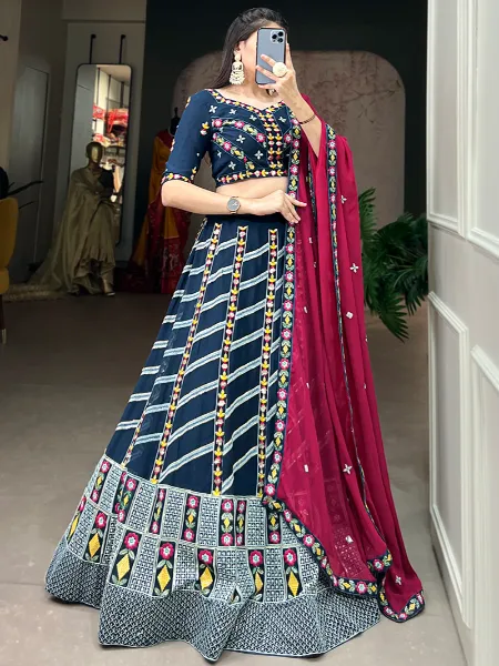 Teal Wedding Lehenga Choli in Georgette With Sequins and Thread Embroidery