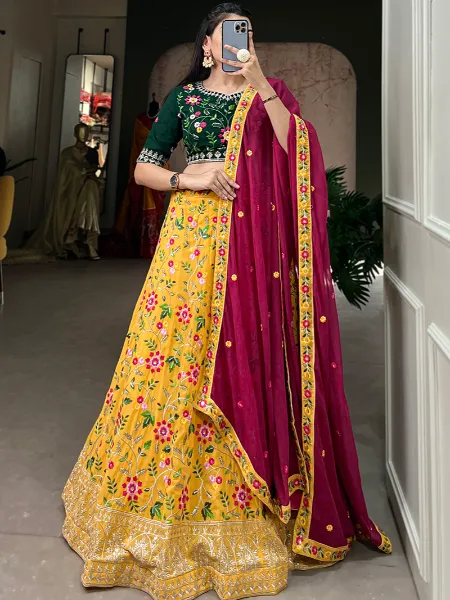 Yellow Wedding Lehenga Choli in Georgette With Sequins and Thread Embroidery