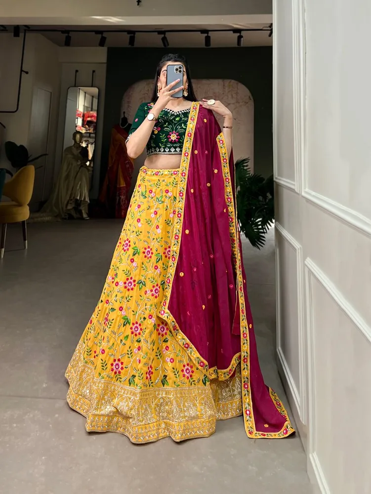 Yellow art silk embroidered lehenga choli 970