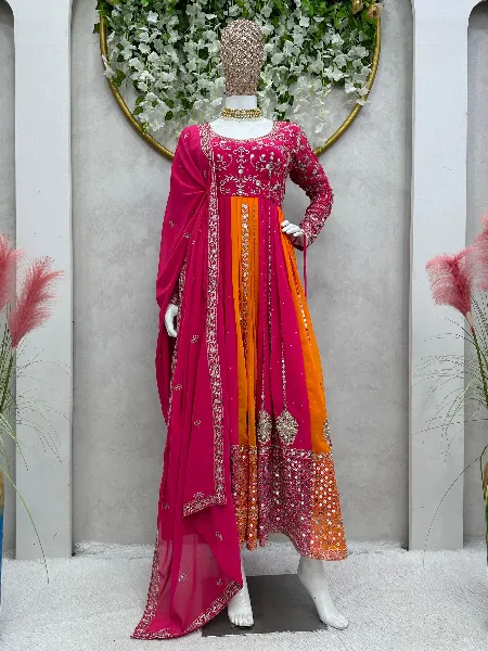 Sequence Gown in Orange and Pink Georgette Fabric Ready to Wear With Dupatta
