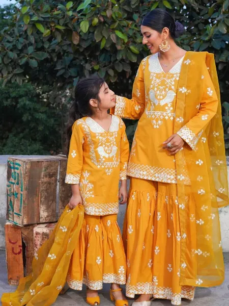 Yellow Mother Daughter Combo Top Sharara Pair in Georgette Ready to Wear