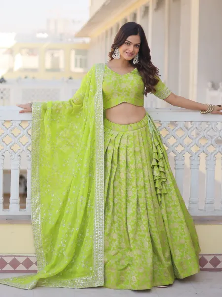 Bridal Lehenga in Lemon Green Jacquard With Embroidery Work Indian Lehenga Choli