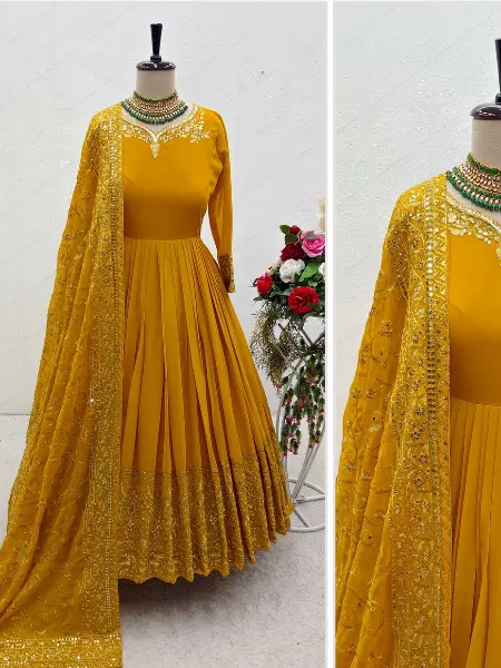 Yellow Color Georgette Gown With Sequins Royal Look Gown with Dupatta
