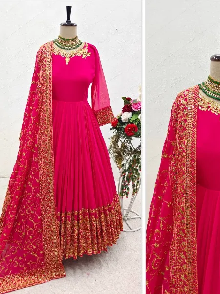 Pink Color Georgette Gown With Sequins Royal Look Gown with Dupatta