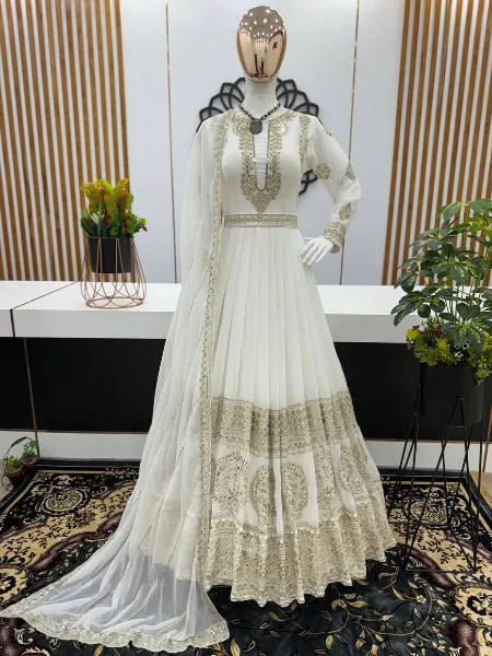 White Color Georgette Anarkali Suit With Heavy Embroidery Work and Dupatta