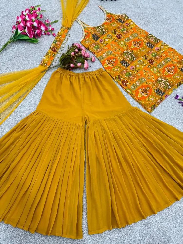 Readymade Yellow Butter Silk Sharara Salwar Suit