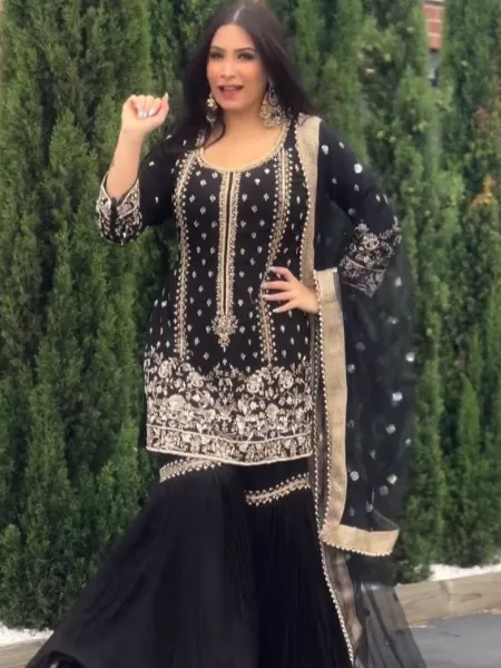 Black Color Designer Top Sharara Suit in Georgette With Embroidery Work