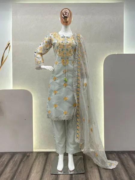 Grey Color Organza Salwar Suit With Embroidery Work and Dupatta