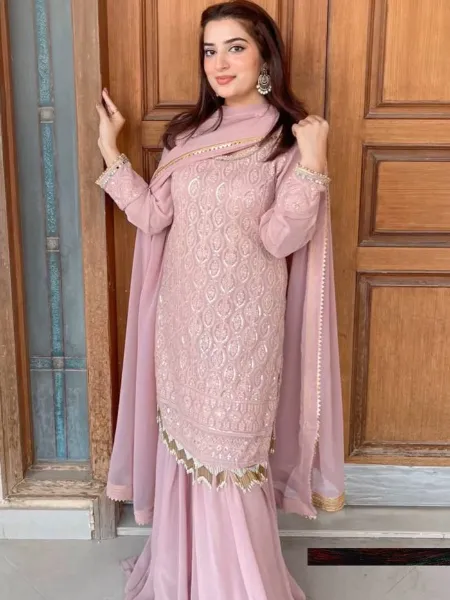 Dusty Pink Color Top With Sharara in Georgette Sequence Work and Dupatta