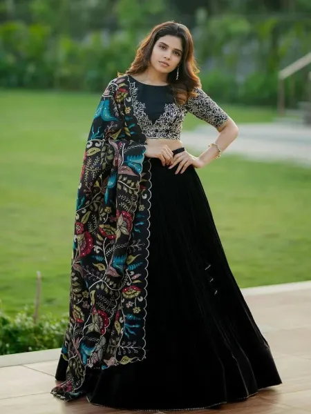 Black South Indian Lehenga Choli With Readymade Blouse With Embroidery