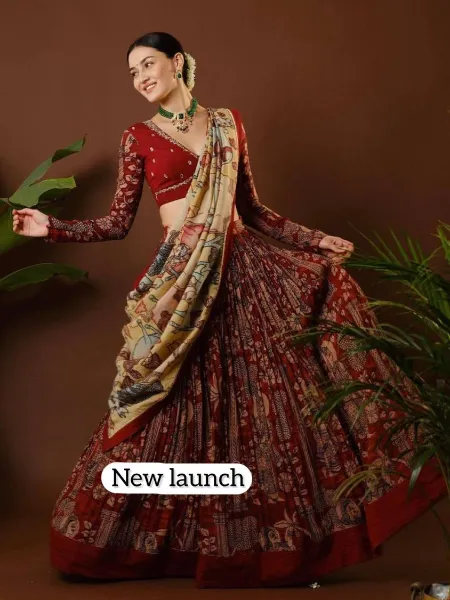 Maroon South Indian Lehenga Choli With Readymade Blouse With Embroidery and Print