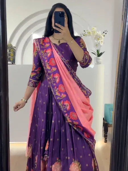 Purple South Indian Lehenga Choli With Readymade Blouse With Embroidery and Print