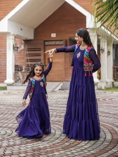 Mother Daughter Combo Dress in Blue With Koti Ready to Wear Combo Dress