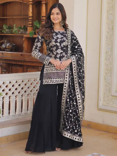Black Color Top and Gharara Set in Jacquard With Sequence Embroidery