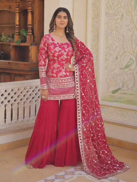 Pink Color Top and Gharara Set in Jacquard With Sequence Embroidery