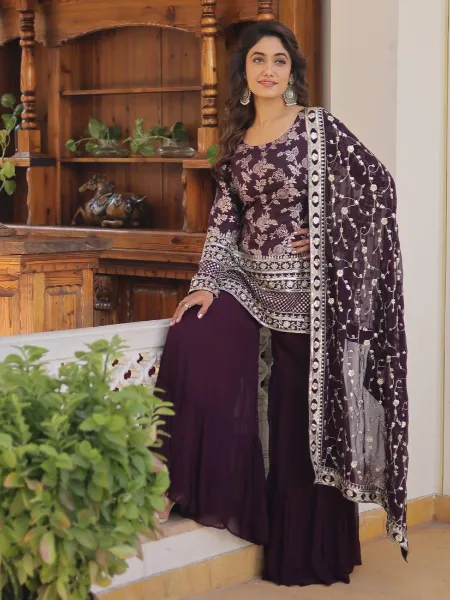 Wine Color Top and Gharara Set in Jacquard With Sequence Embroidery