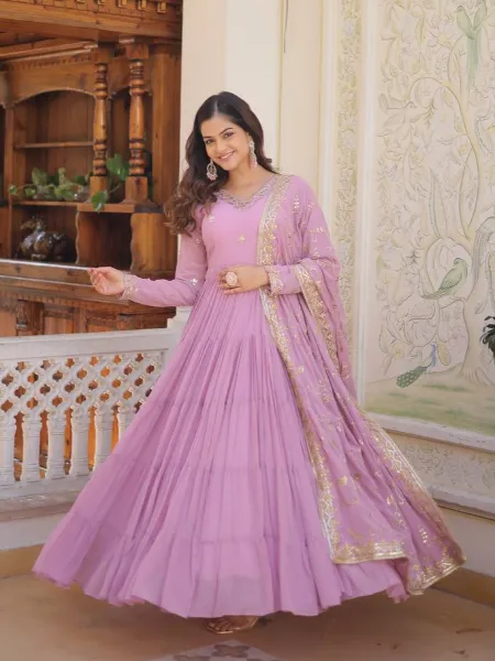 Lavender Designer Gown With Sequins Embroidery and Heavy Dupatta With 12 Meter Flair