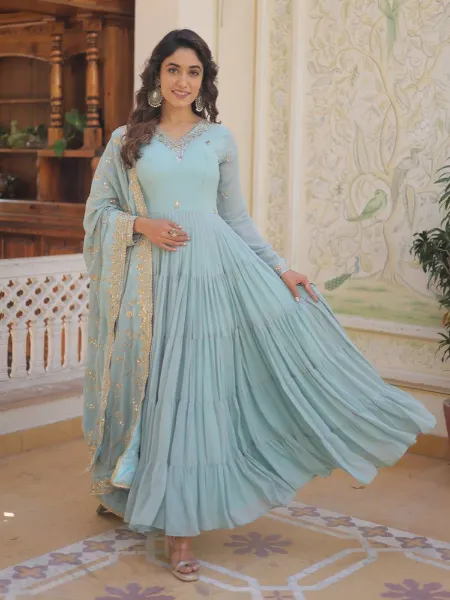 Sky Blue Designer Gown With Sequins Embroidery and Heavy Dupatta With 12 Meter Flair
