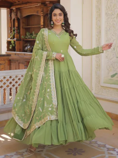Parrot Designer Gown With Sequins Embroidery and Heavy Dupatta With 12 Meter Flair