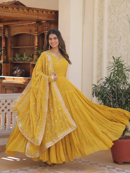 Yellow Designer Gown With Sequins Embroidery and Heavy Dupatta With 12 Meter Flair