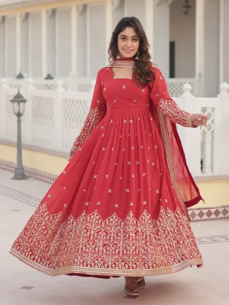 Red Color Sequins Gown in Georgette With Dupatta Indian Gown & Dress