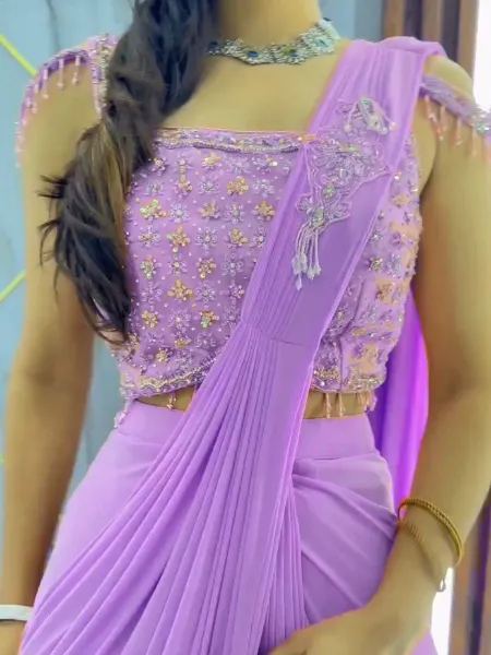 Lavender Ready to Wear Saree With Patch and Heavy Sequins Readymade Blouse