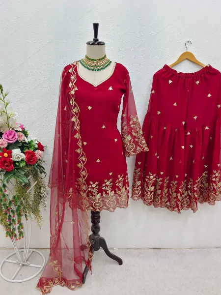 Maroon Top Sharara and Dupatta Set With Sequins Embroidery in Georgette