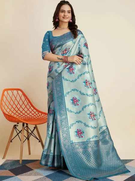 Sky Blue Pure Kanjivaram Silk Saree With Beautiful Zari Weaving and Blouse