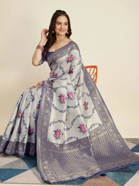 Grey Pure Kanjivaram Silk Saree With Beautiful Zari Weaving and Blouse