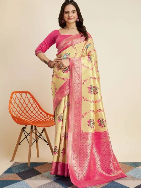 Yellow Pure Kanjivaram Silk Saree With Beautiful Zari Weaving and Blouse