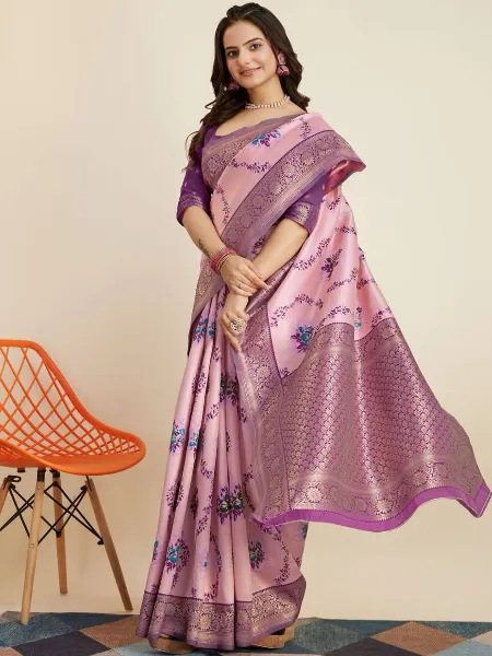 Light Pink Pure Kanjivaram Silk Saree With Beautiful Zari Weaving and Blouse