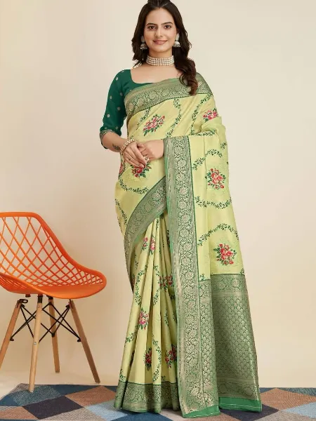 Lemon Green Pure Kanjivaram Silk Saree With Beautiful Zari Weaving and Blouse