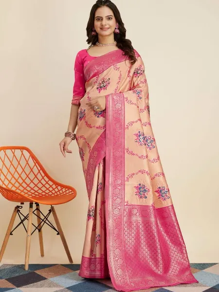 Peach Pure Kanjivaram Silk Saree With Beautiful Zari Weaving and Blouse