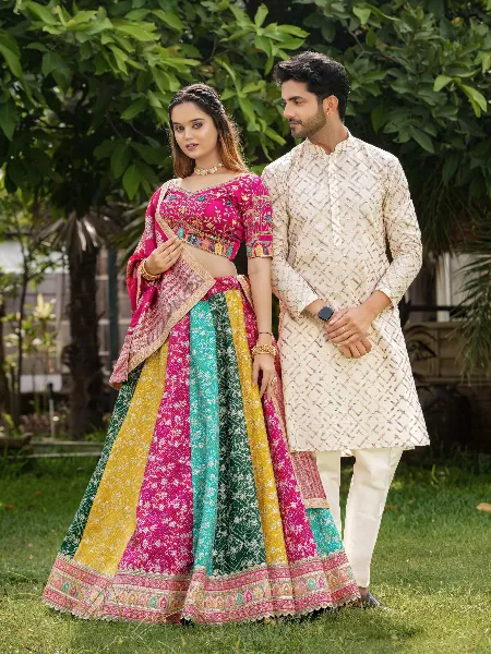 Multi Color Couple Combo in Satin Lehenga Choli and Cotton Men's Kurta Set