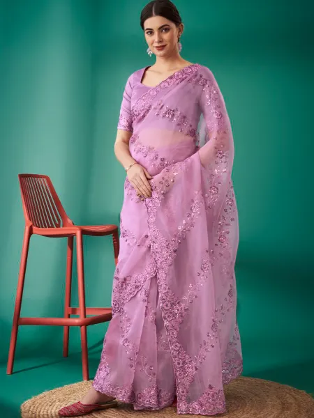 Lavender Sequins Embroidery Saree in Organza Indian Sari