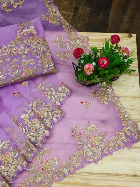 Lavender Sequins Embroidery Saree in Organza With Embroidery Blouse Indian Sari