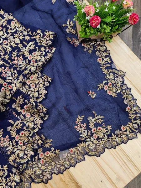Navy Blue Sequins Embroidery Saree in Organza With Embroidery Blouse Indian Sari