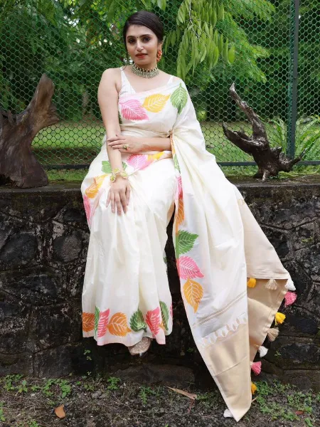 White Soft Lichi Silk Saree With Beautiful Leaf Weaving Work Indian Saree