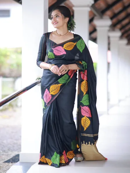 Black Soft Lichi Silk Saree With Beautiful Leaf Weaving Work Indian Saree