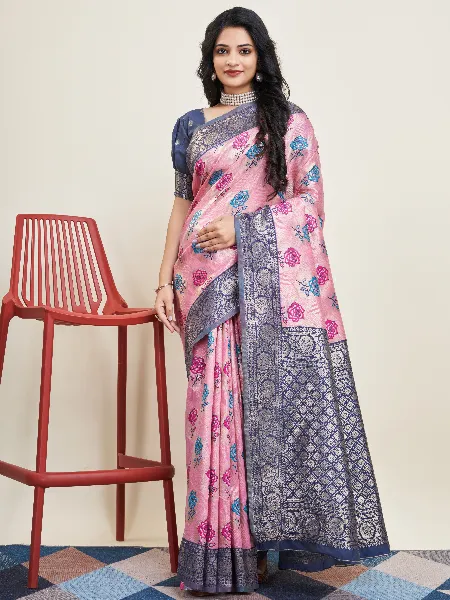 Light Pink Pure Kanjivaram Silk Sari With Blouse and Beautiful Zari Weaving