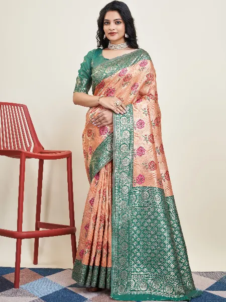 Peach Pure Kanjivaram Silk Sari With Blouse and Beautiful Zari Weaving
