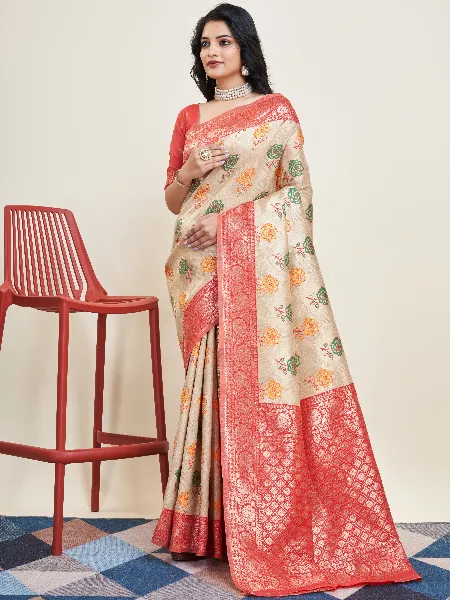 Cream Pure Kanjivaram Silk Sari With Blouse and Beautiful Zari Weaving